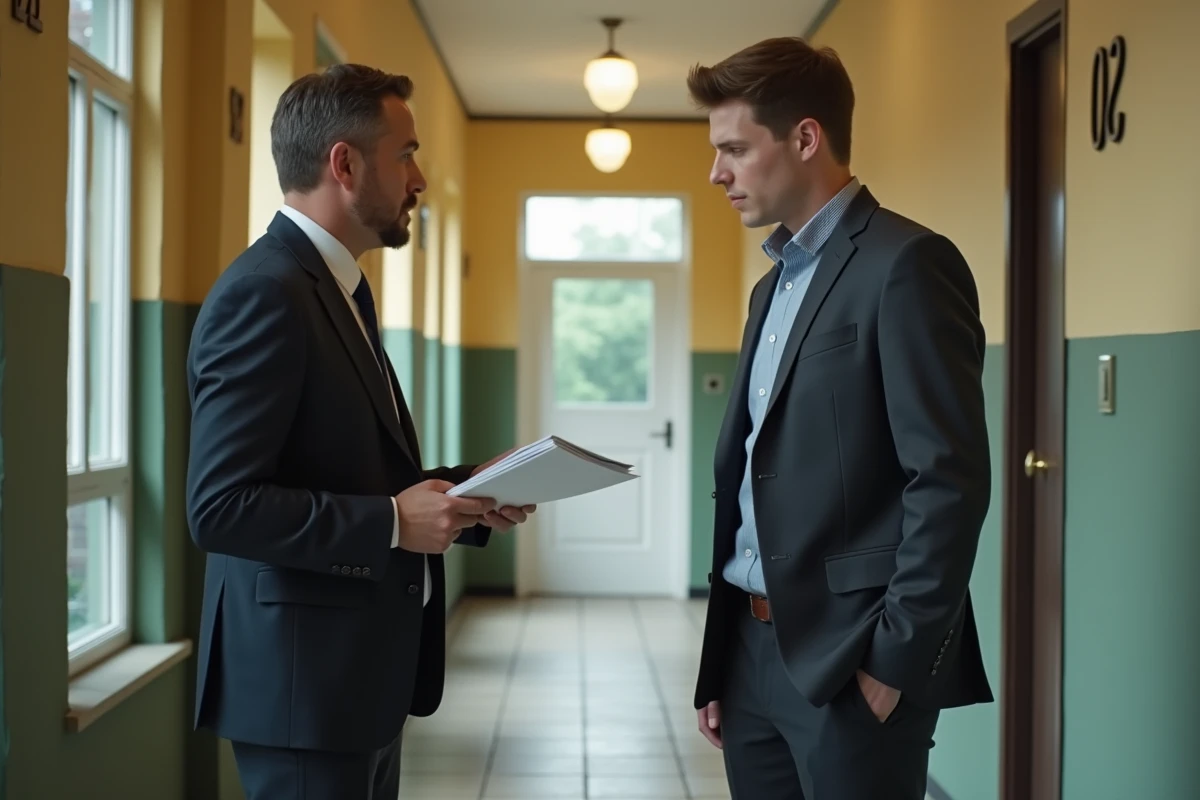 Jeune homme discutant avec un propriétaire dans un couloir