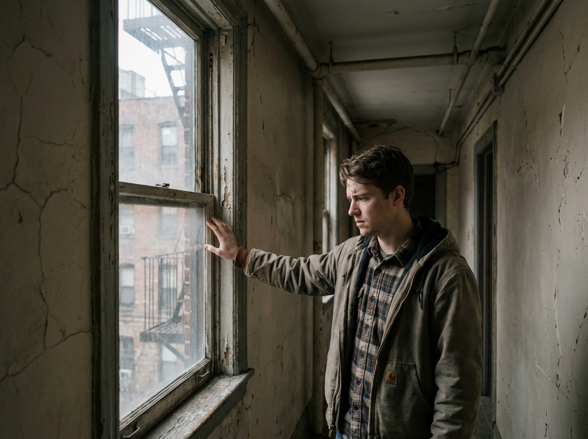 Jeune homme examinant une fenêtre endommagée dans un couloir