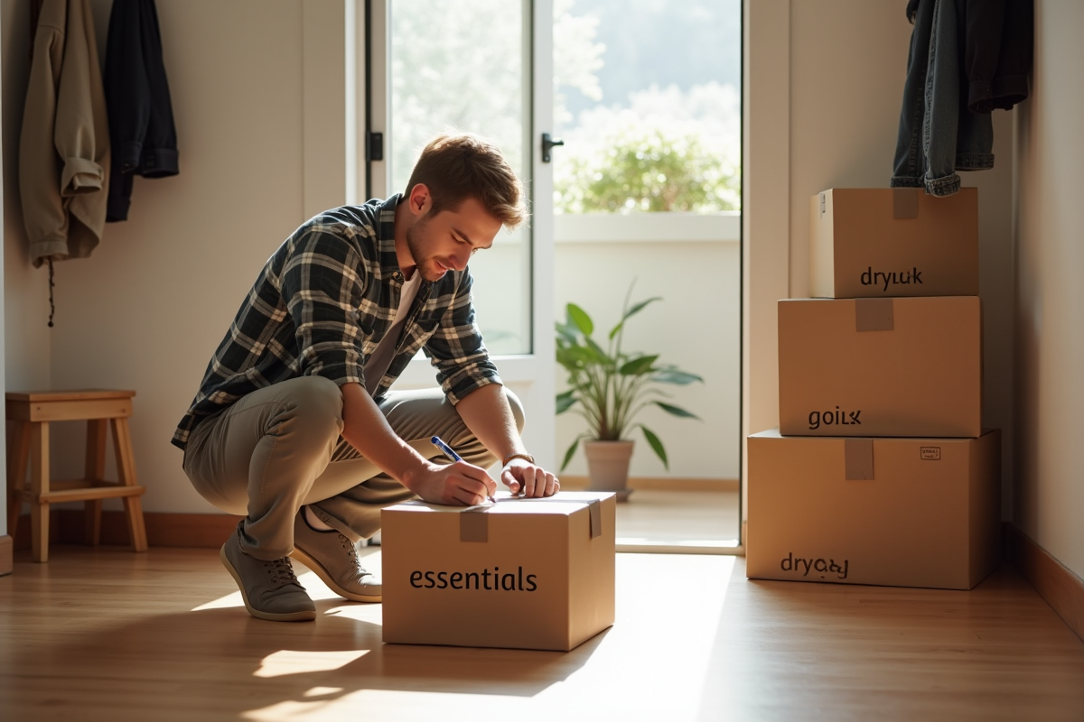 Jeune homme écrivant essentials sur une boîte dans l