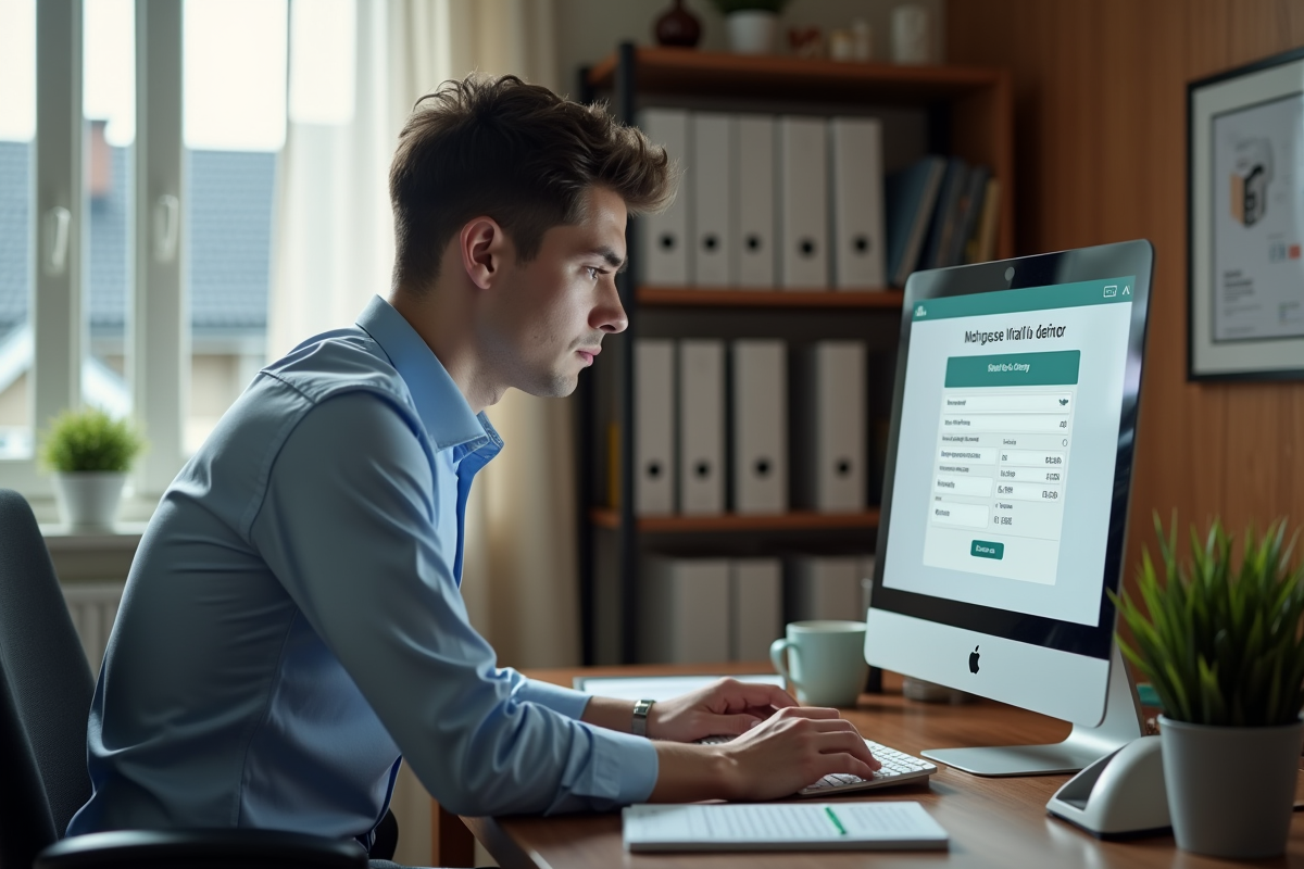 Jeune homme analyse un simulateur de prêt immobilier sur son ordinateur
