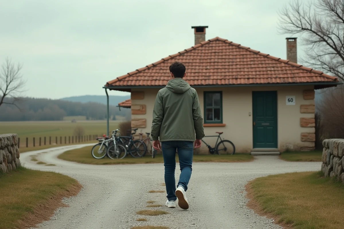 Jeune homme marchant vers une petite maison rurale