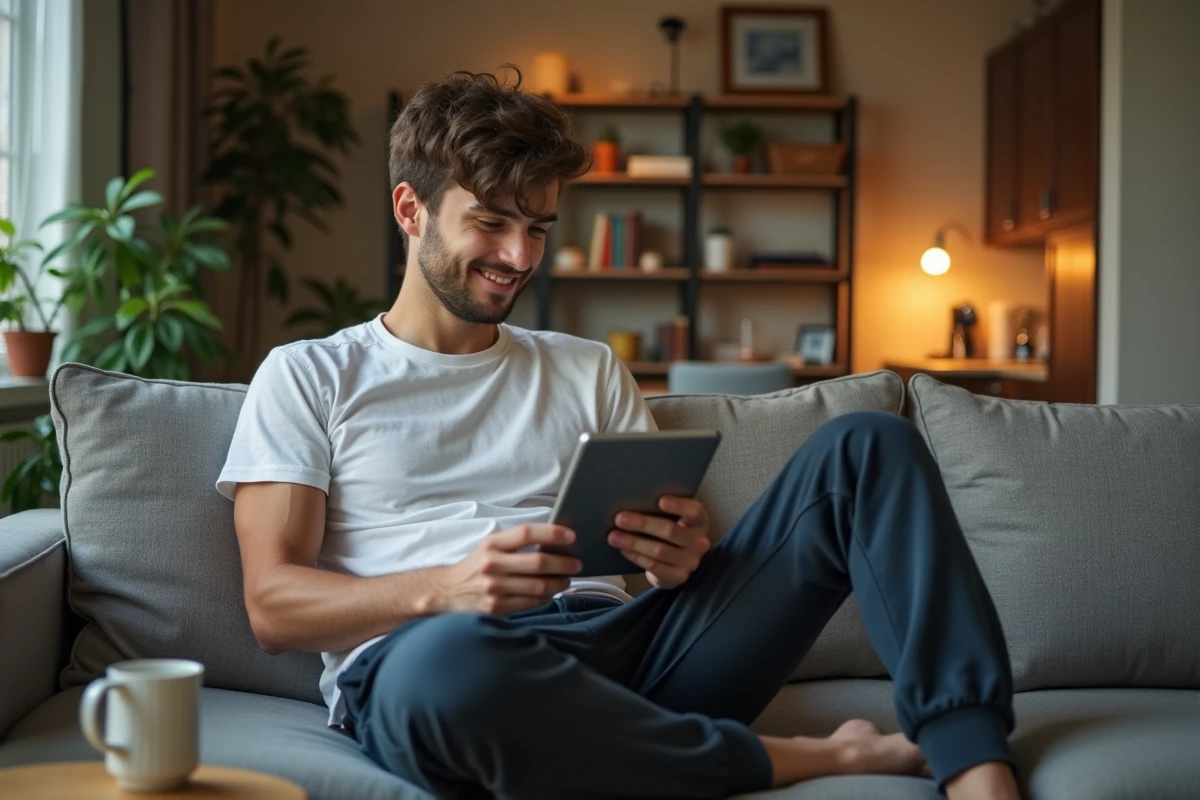 Jeune homme détendu regardant une tablette dans un appartement