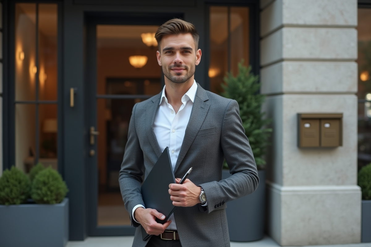 Jeune homme professionnel devant un immeuble urbain