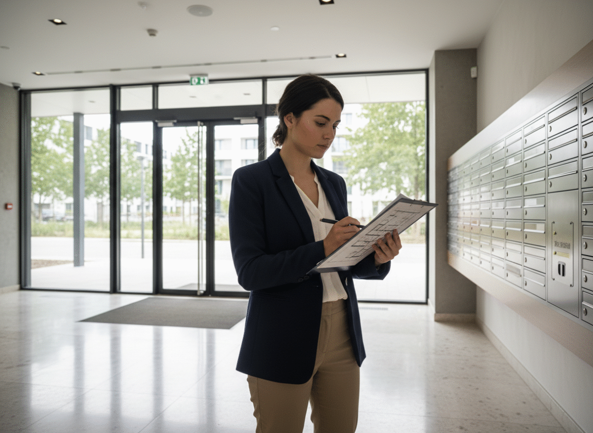 Jeune femme professionnelle examine des plans dans un hall moderne