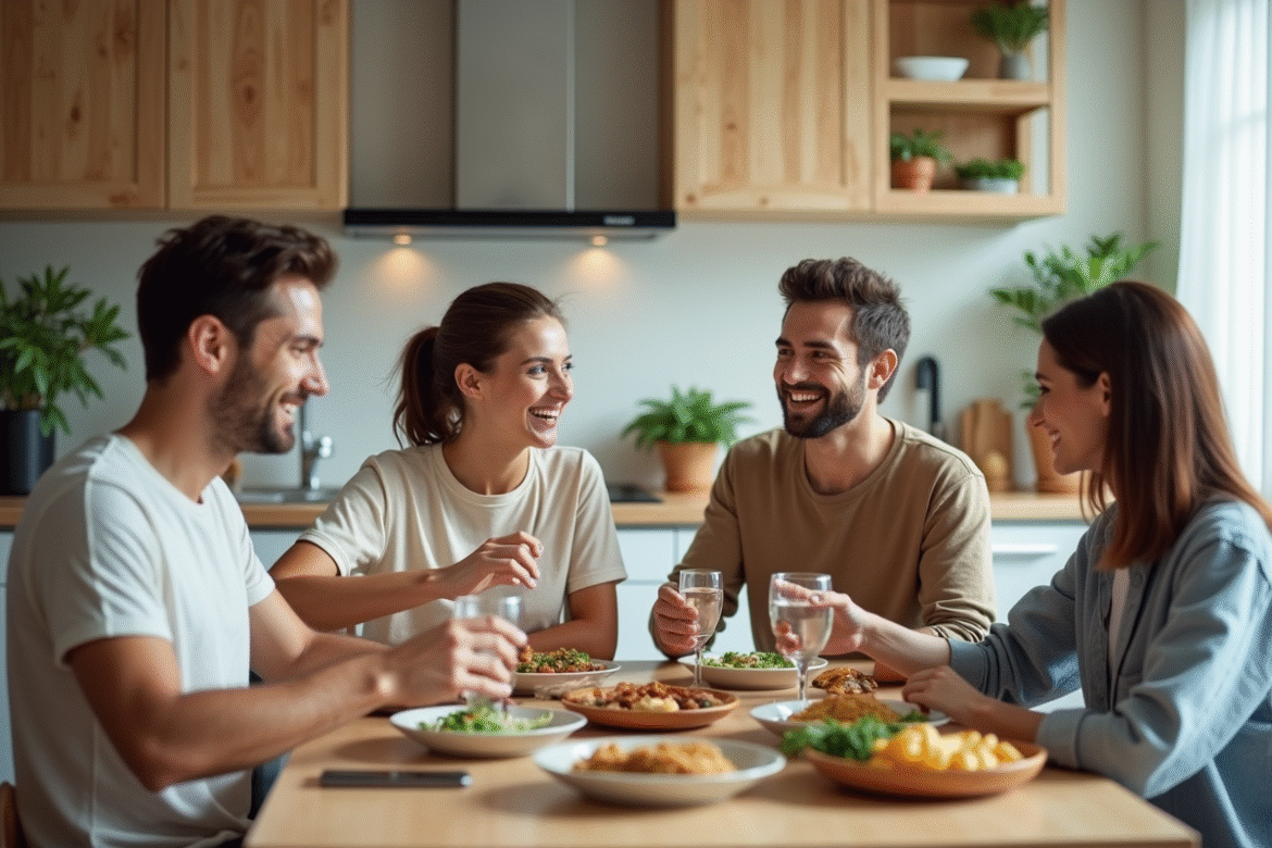 Quatre jeunes adultes partageant un repas dans une cuisine lumineuse