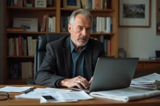 Journaliste homme concentré dans son bureau organisé