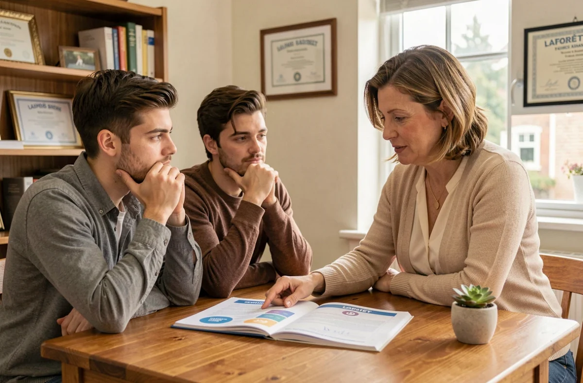 Conseillère Laforêt accompagnant un jeune couple de primo-bailleurs dans la compréhension de la gestion locative en agence