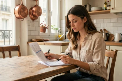 Jeune femme locataire lisant un contrat d'assurance habitation dans sa cuisine à Paris