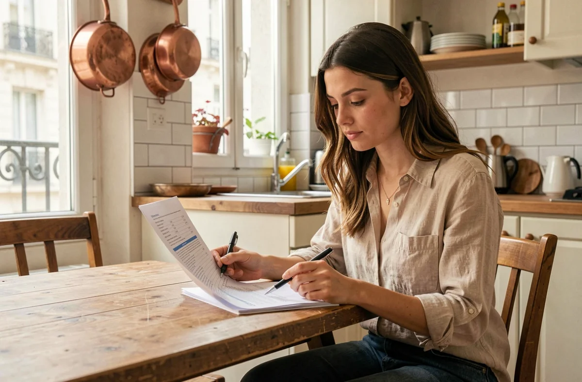 Jeune femme locataire lisant un contrat d'assurance habitation dans sa cuisine à Paris