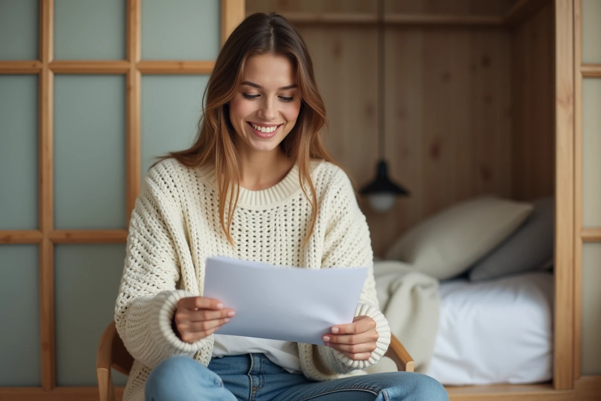 Jeune femme satisfaite installée dans son T1 bis, avec un espace bureau et une chambre séparée visible en arrière-plan