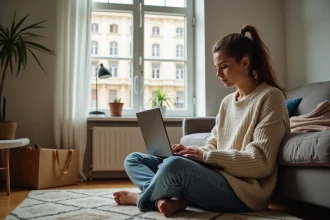 Jeune femme cherchant une location meublée à Berlin sur son ordinateur dans un appartement budget