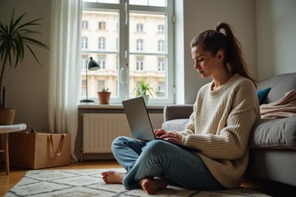 Jeune femme cherchant une location meublée à Berlin sur son ordinateur dans un appartement budget