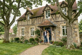Maison normande traditionnelle à louer en Seine-Maritime avec jardin verdoyant et couple devant la façade en pierre