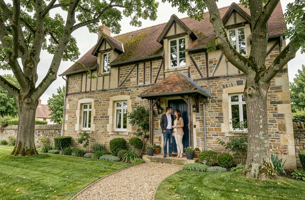 Maison normande traditionnelle à louer en Seine-Maritime avec jardin verdoyant et couple devant la façade en pierre