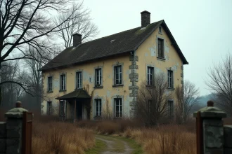 Maison abandonnée en pierre dans la campagne française avec végétation envahissante et volets brisés