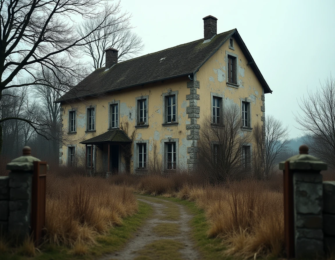 Maison abandonnée en pierre dans la campagne française avec végétation envahissante et volets brisés