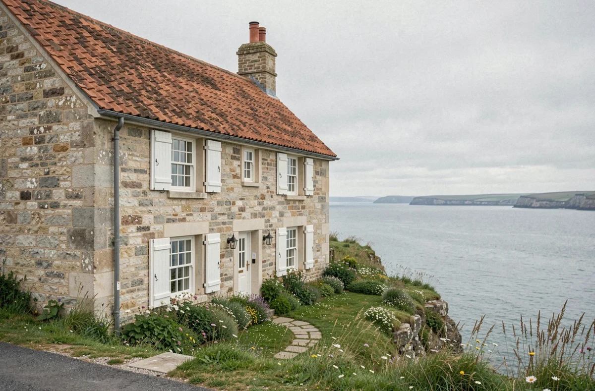 Maison normande en pierre avec vue sur la mer en bord de falaise, sans travaux, à vendre en Normandie
