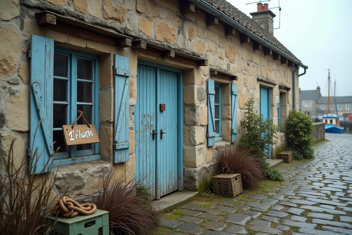 Maison de pêcheur à vendre avec panneau À Vendre sur portail en fer, façade en pierre brute dans un village de pêcheurs