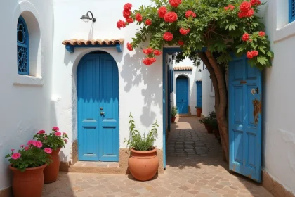 Maison traditionnelle marocaine avec petit jardin à louer à Essaouira, murs blanchis et volets bleus, bougainvillées et jardin privatif visible depuis la ruelle