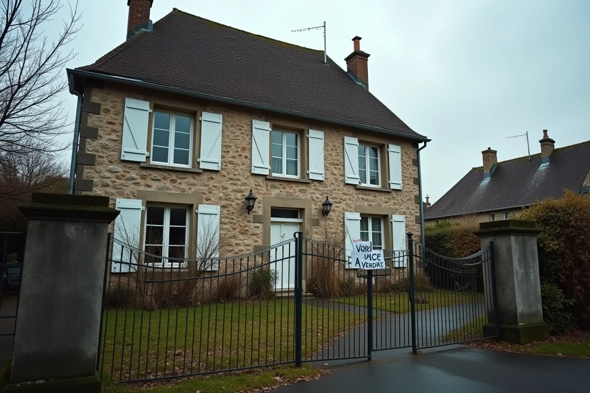 Maison à vendre en urgence dans l'Oise avec panneau de vente sur le portail et jardin peu entretenu