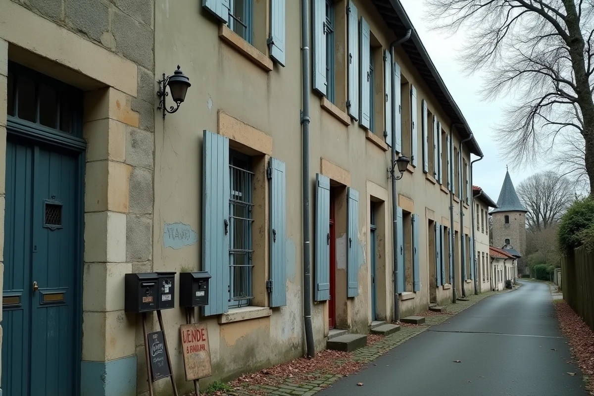 Rangée de maisons vacantes dans une ville française avec volets fermés et panneau à vendre, illustrant la problématique des logements vides