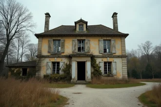 Manoir français abandonné en pierre avec façade envahie de lierre, volets cassés et allée en ruine dans une région rurale