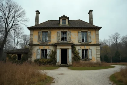 Manoir français abandonné en pierre avec façade envahie de lierre, volets cassés et allée en ruine dans une région rurale