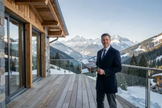 Agent immobilier en Haute-Savoie présentant un chalet de luxe avec vue panoramique sur les Alpes