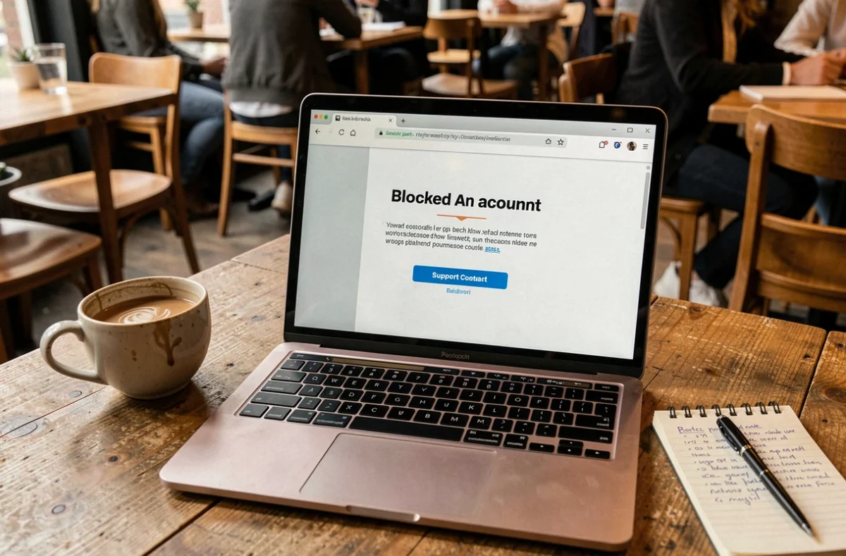 Écran d'ordinateur affichant un message de compte bloqué avec des notes manuscrites dans un café