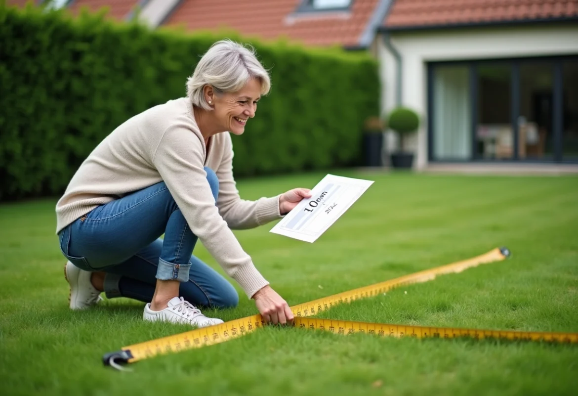 Femme mesurant un jardin avec un ruban et diagramme