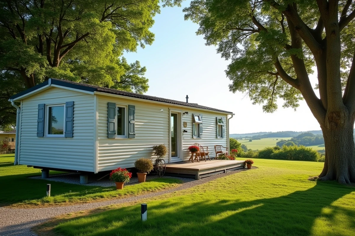 Mobil home installé sur une parcelle de terrain privée en Vendée entourée de verdure et d'arbres