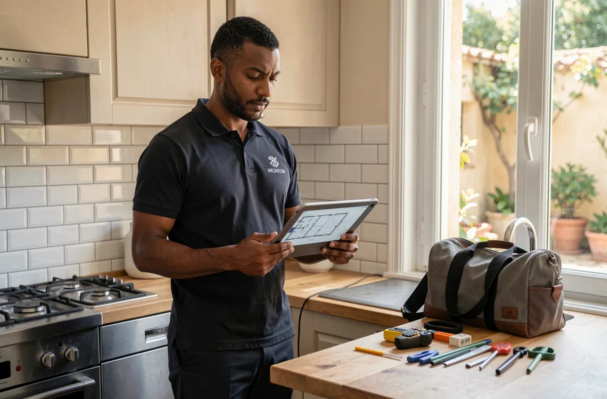 Mohamed Derouazine, diagnostiqueur immobilier, consultant un plan sur tablette dans une cuisine rénovée d'un appartement marseillais