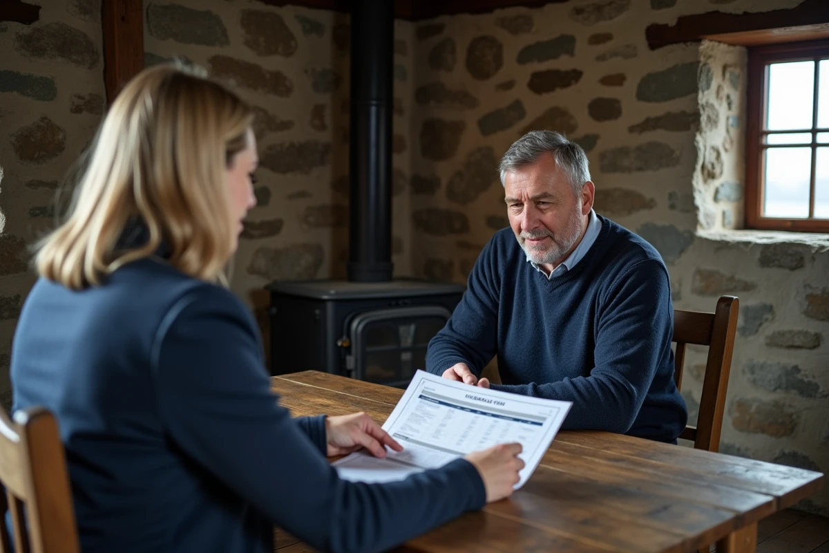 Homme négociant le prix d'achat d'une maison de pêcheur avec un agent immobilier à l'intérieur d'un cottage côtier rustique
