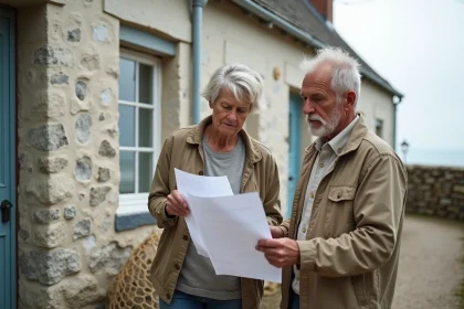 Couple négociant le prix d'une maison de pêcheur en bord de mer, documents immobiliers en main