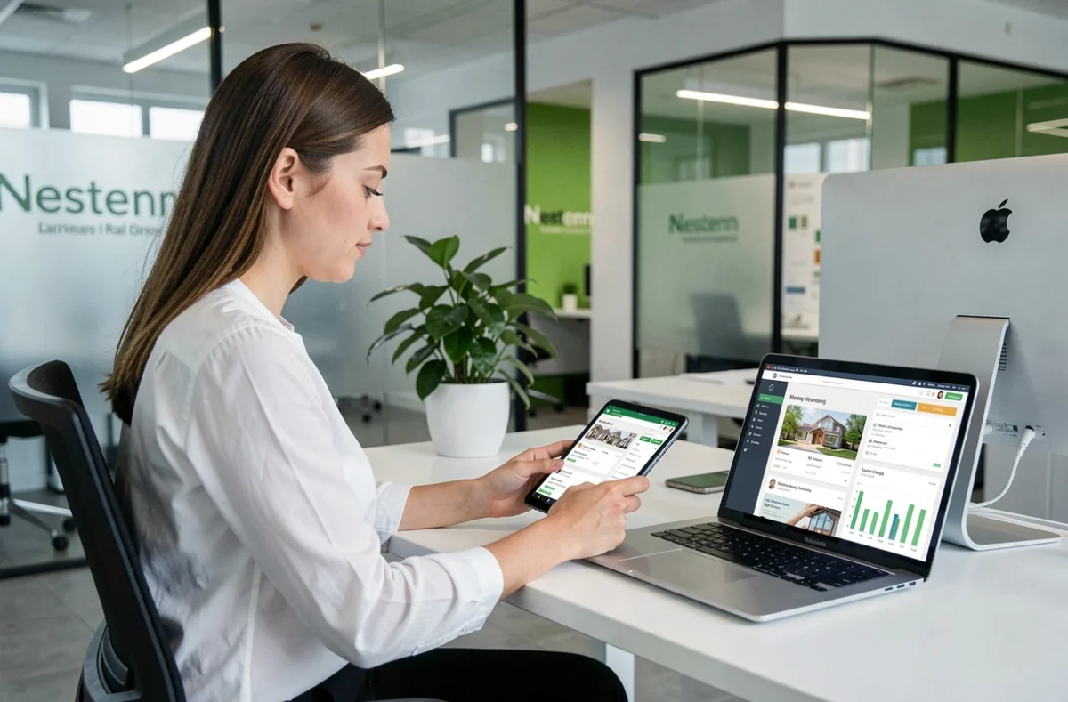 Agente Nestenn utilisant des outils numériques avancés sur tablette et ordinateur pour la gestion locative dans une agence moderne en croissance