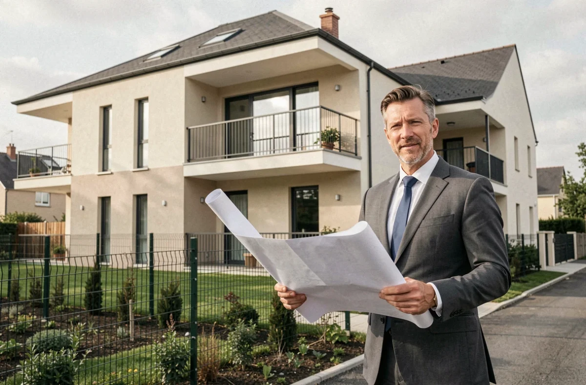 Agent Nexity présentant un immeuble résidentiel neuf en France illustrant le passage du promoteur immobilier au gestionnaire de biens