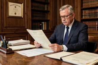 Notaire en costume marine examinant un acte de vente viager dans un bureau traditionnel parisien avec bibliothèque juridique