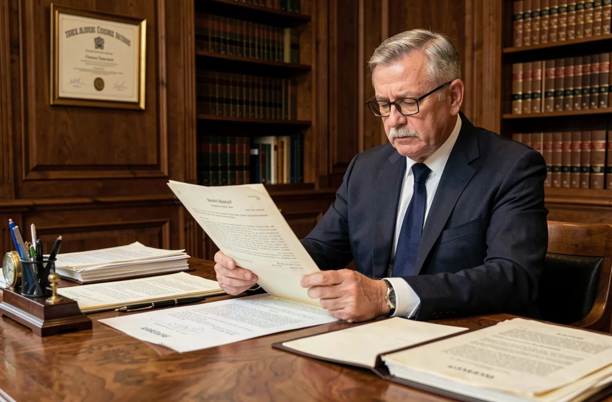 Notaire en costume marine examinant un acte de vente viager dans un bureau traditionnel parisien avec bibliothèque juridique