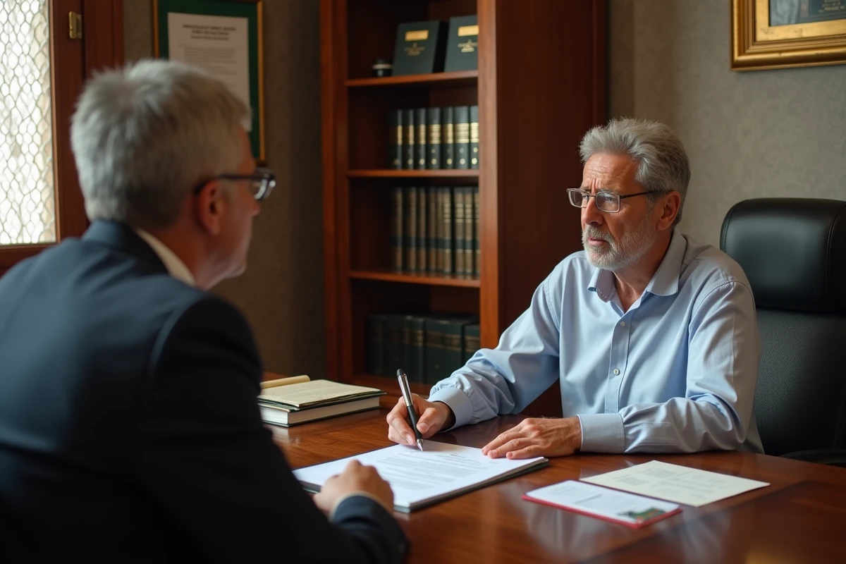 Acheteur étranger en réunion avec un notaire marocain pour la signature d'un contrat immobilier à Guéliz