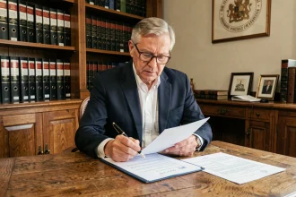 Notaire examinant des documents de transfert de terrain gratuit dans son étude officielle