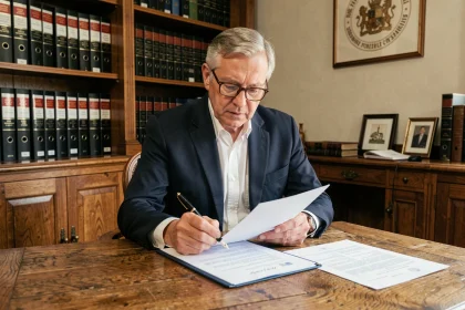 Notaire examinant des documents de transfert de terrain gratuit dans son étude officielle