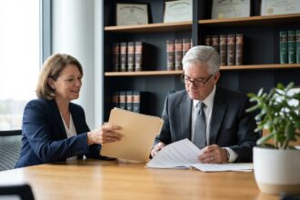 Photo hyperrealiste d une femme d age moyen et un notaire en bureau
