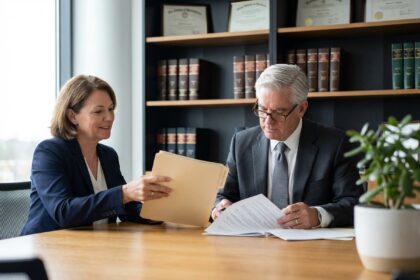 Photo hyperrealiste d une femme d age moyen et un notaire en bureau