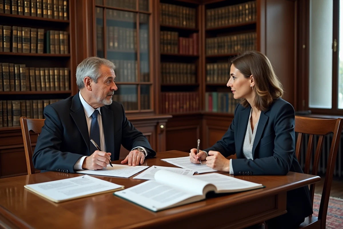 Notaire et locataire discutant des obligations de grosses réparations autour de documents juridiques et du code civil article 606 dans un bureau notarial