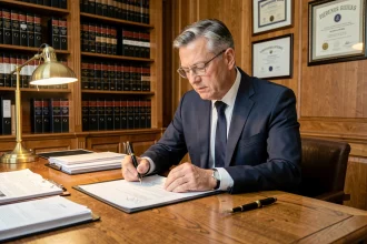 Notaire en costume marine relisant attentivement un pré-état daté sur un bureau en chêne dans un office notarial traditionnel