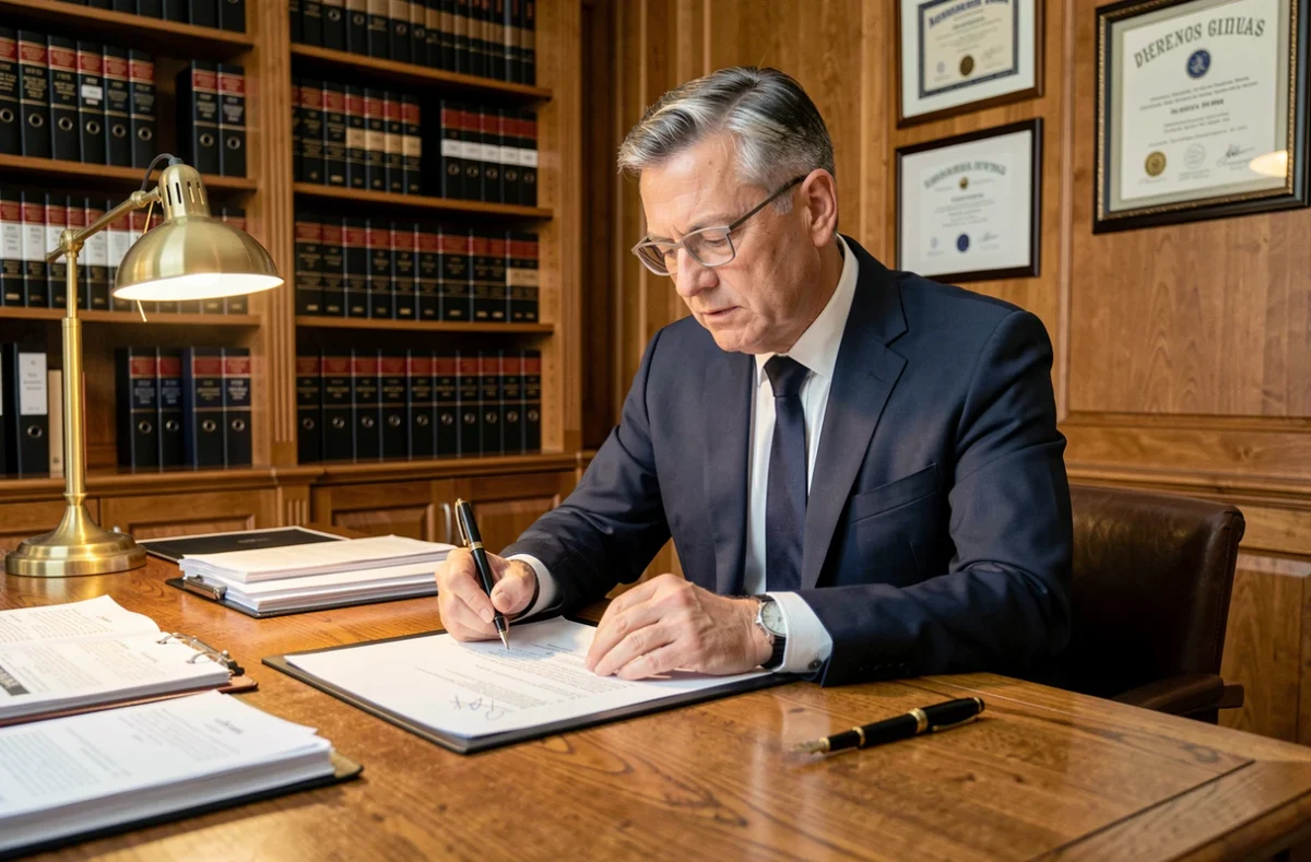 Notaire en costume marine relisant attentivement un pré-état daté sur un bureau en chêne dans un office notarial traditionnel