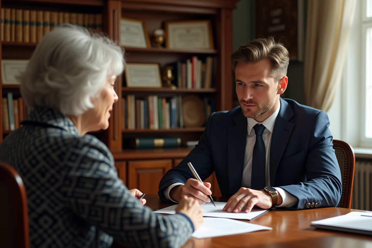 Notaire et cliente signant un contrat dans un bureau lumineux