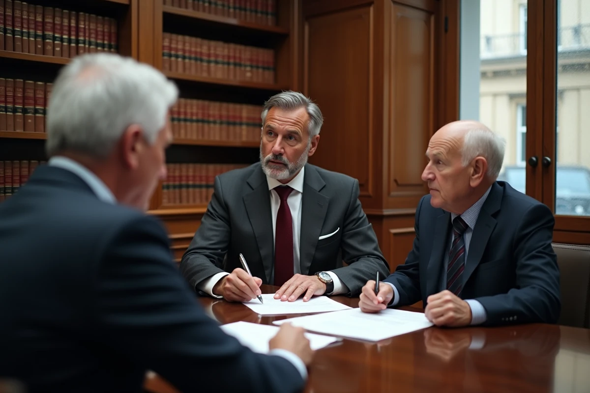 Notaire expliquant une simulation viager à un couple de seniors dans un bureau notarial parisien avec documents officiels