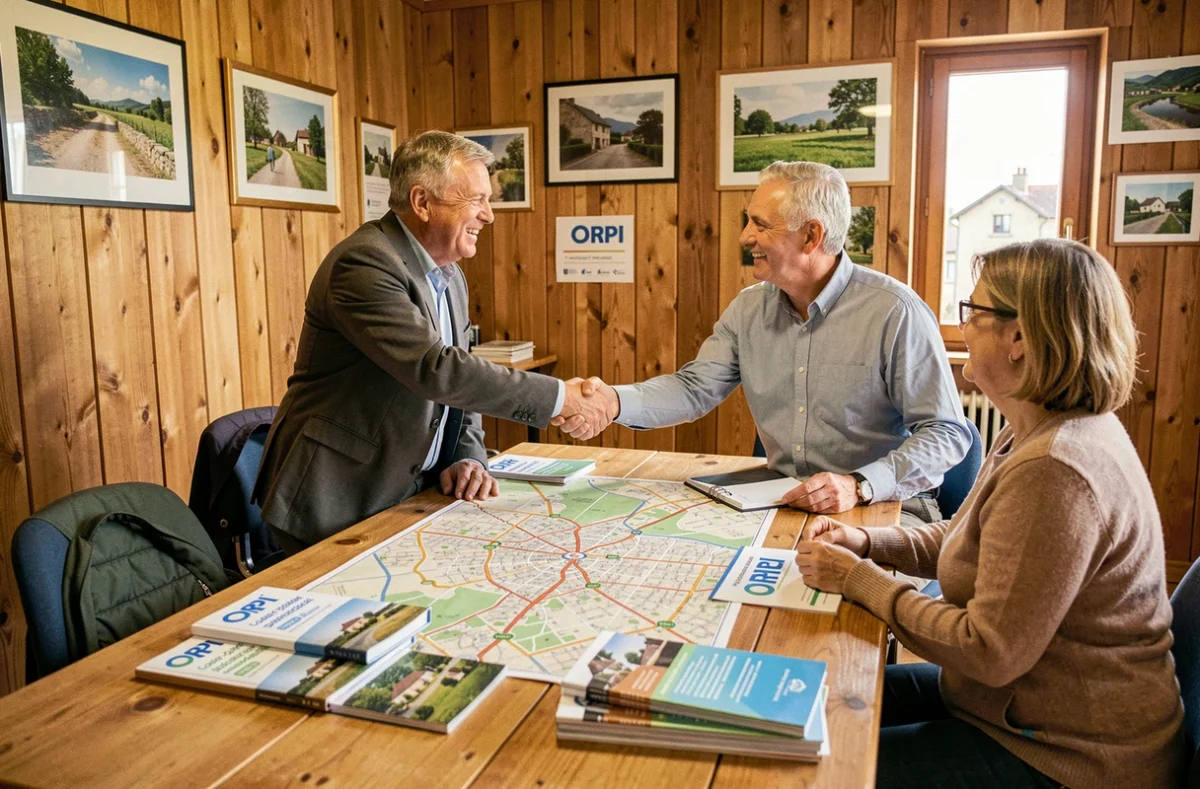 Réunion conviviale dans une agence Orpi coopérative avec des agents locaux accueillant un client dans un cadre authentique de ville française