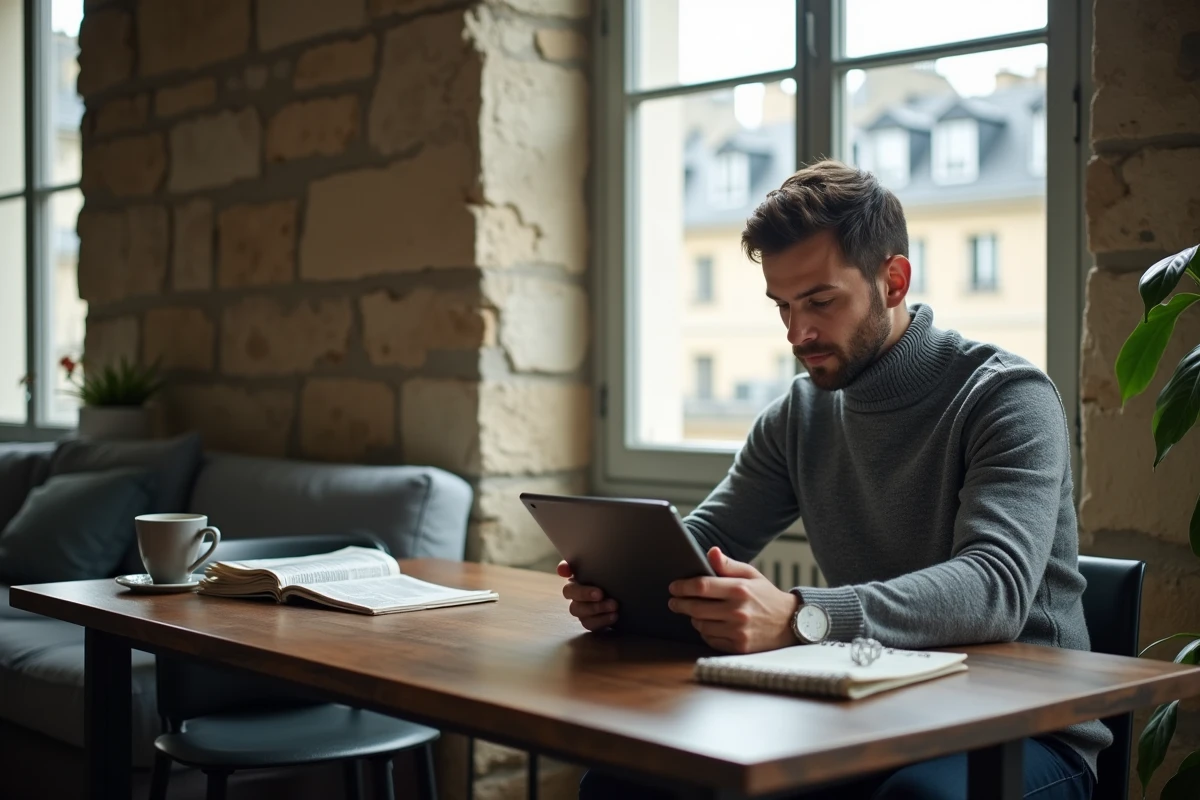 Particulier consultant les avis Google d'Orpi invest immo Paris sur une tablette dans un appartement parisien